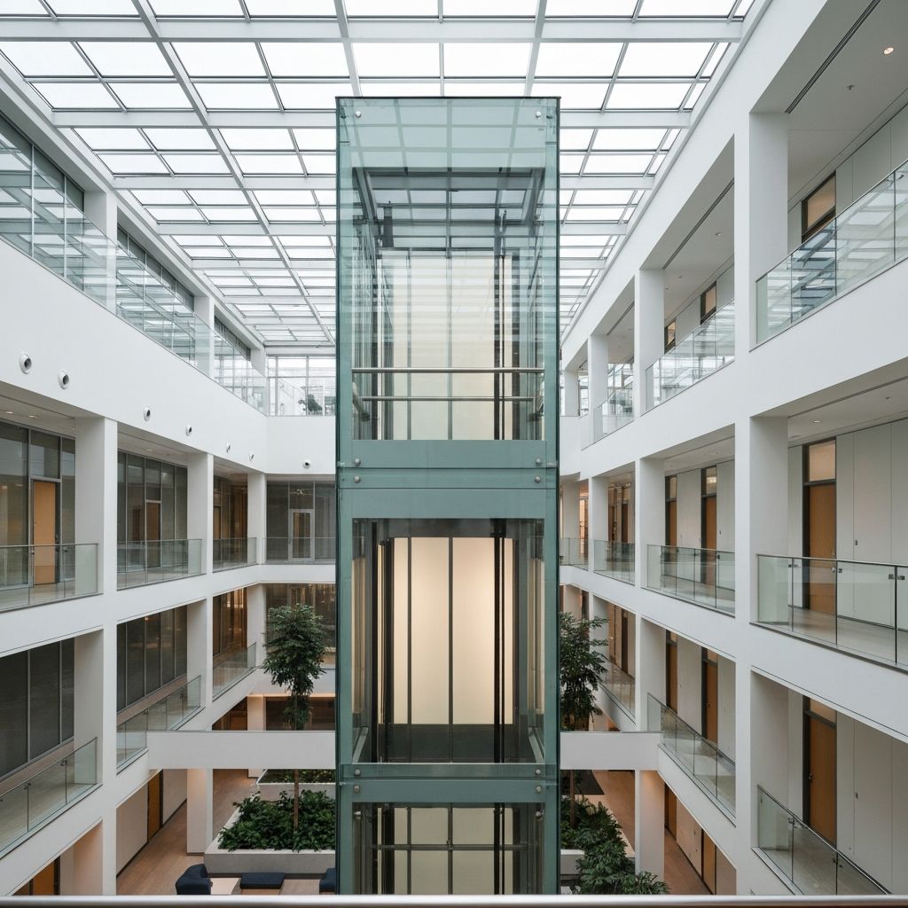 Elevador de vidrio moderno en edificio de oficinas
